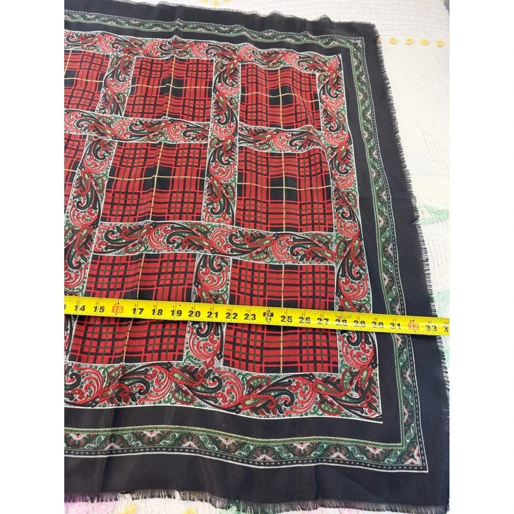 Vintage Made in Italy Plaid Paisley Square Scarf Red Black Fringed 32x32